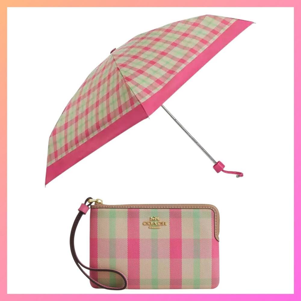 COACH Wristlet and UV Umbrella Set Plaid Gold and Pink Multi NEW